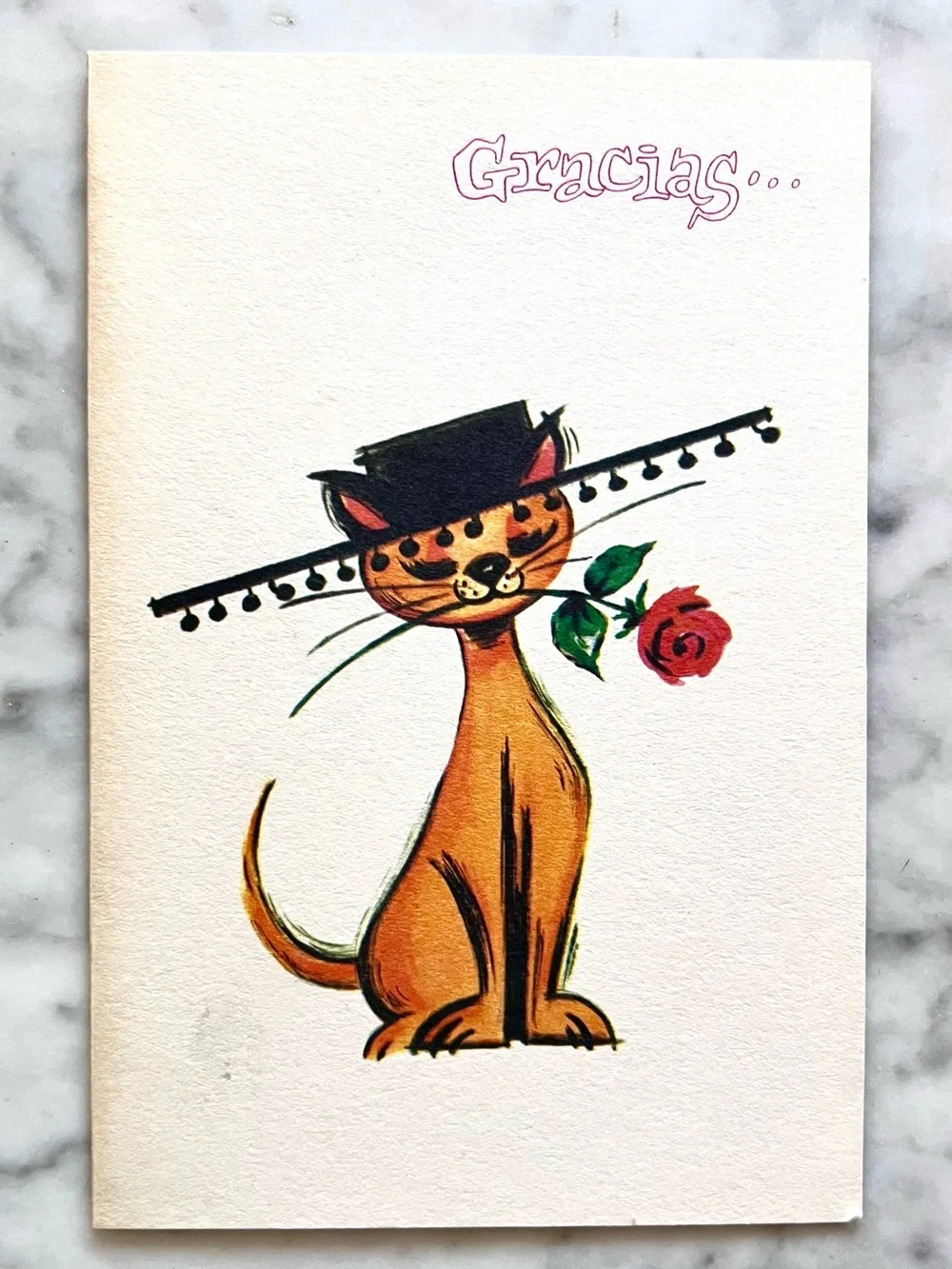MCM Fravessi Thank You Card w/Cat in Sombrero Rose Spain Mexico 1951 Mid Century